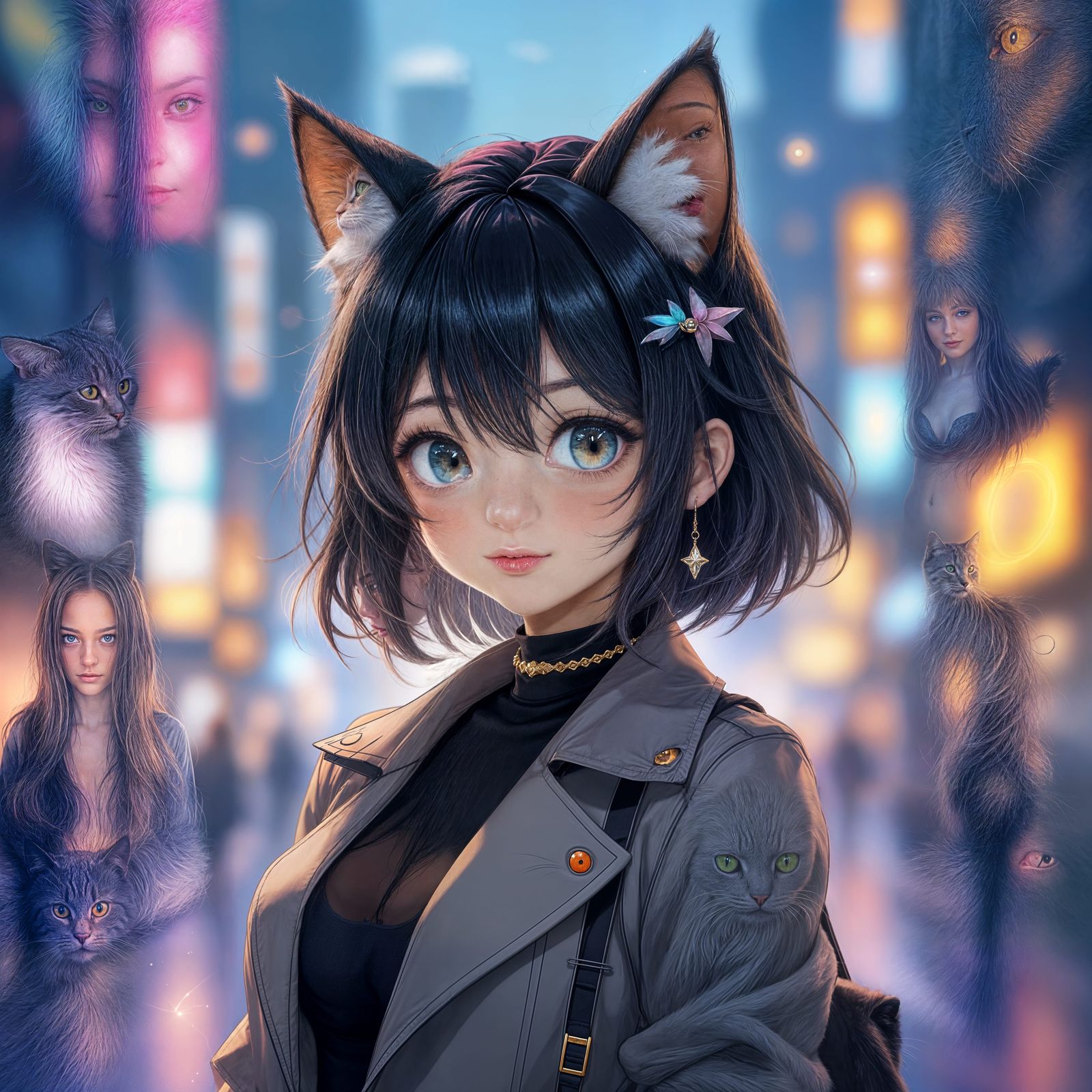 Anime Cat Girl in Futuristic Neon Cityscape