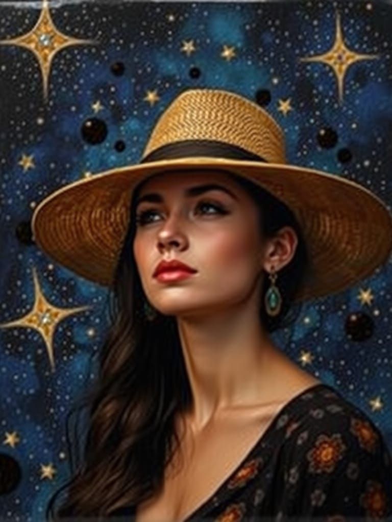 Woman with Hat Against Starry Background