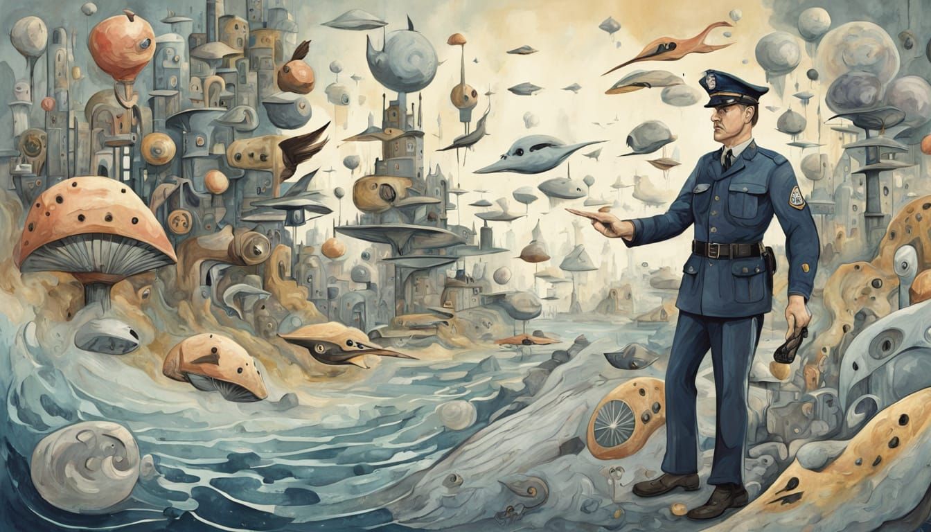 Surreal Policeman Enforces Conformity in Whimsical Fowl Land