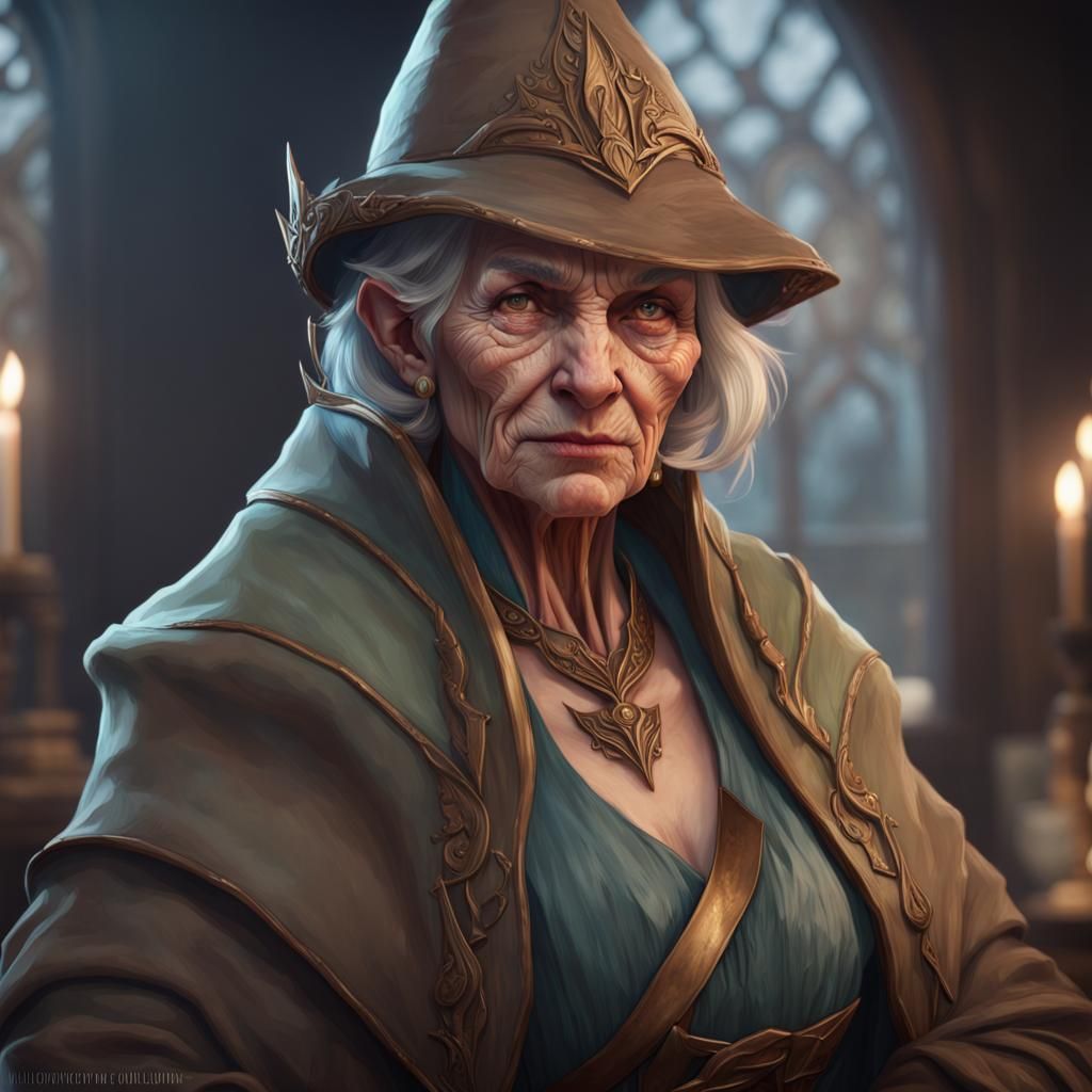 Detailed Portrait of an Elderly Half-Elf Lady