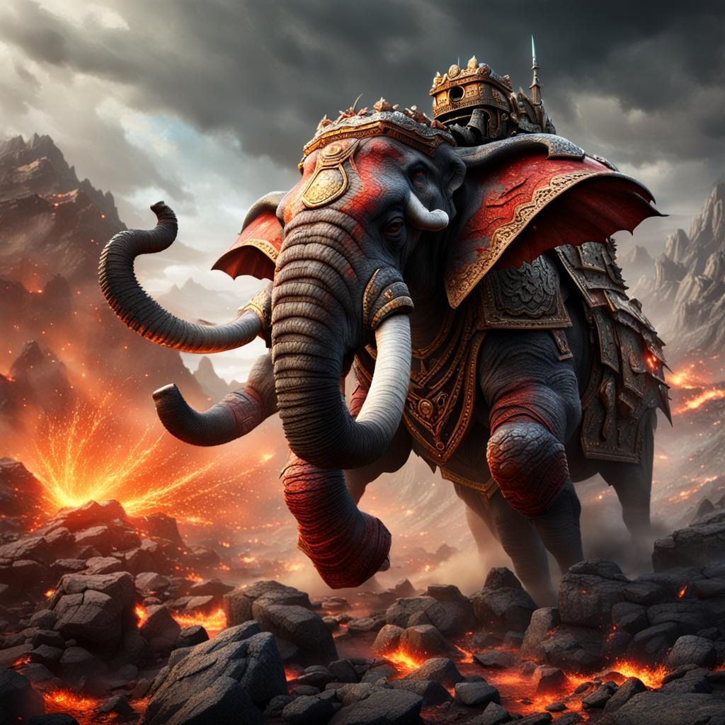 Armored War Elephant Charging into Battle