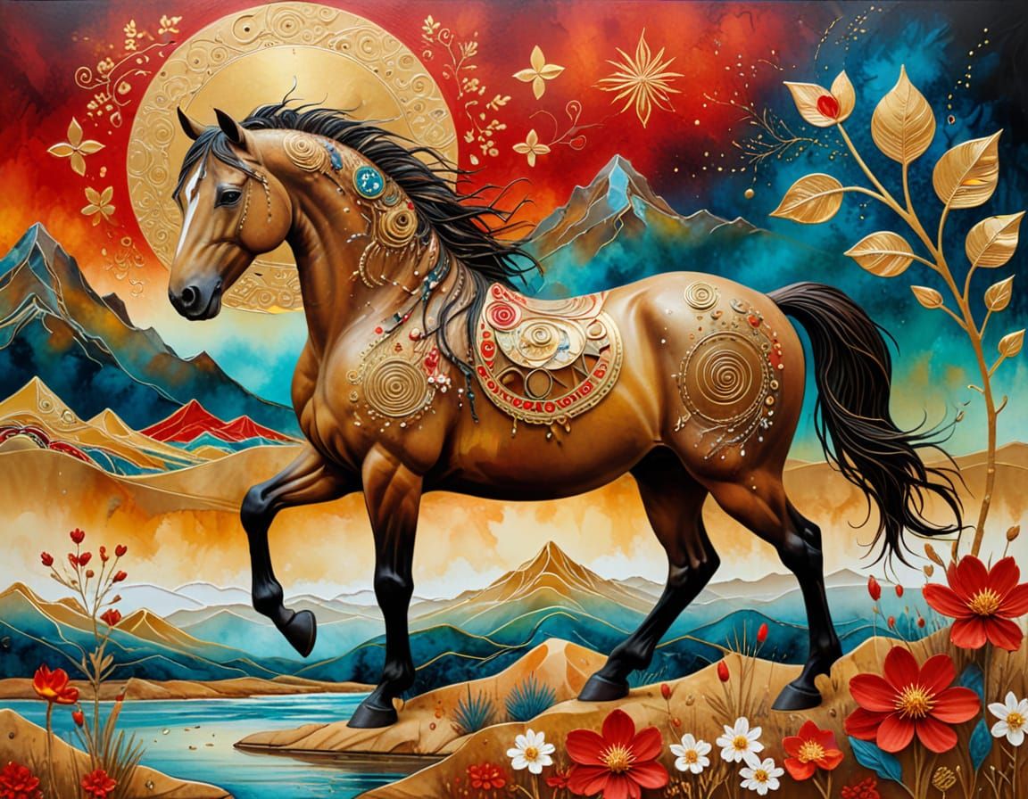 Native American Horse with Duckling in Surreal Style