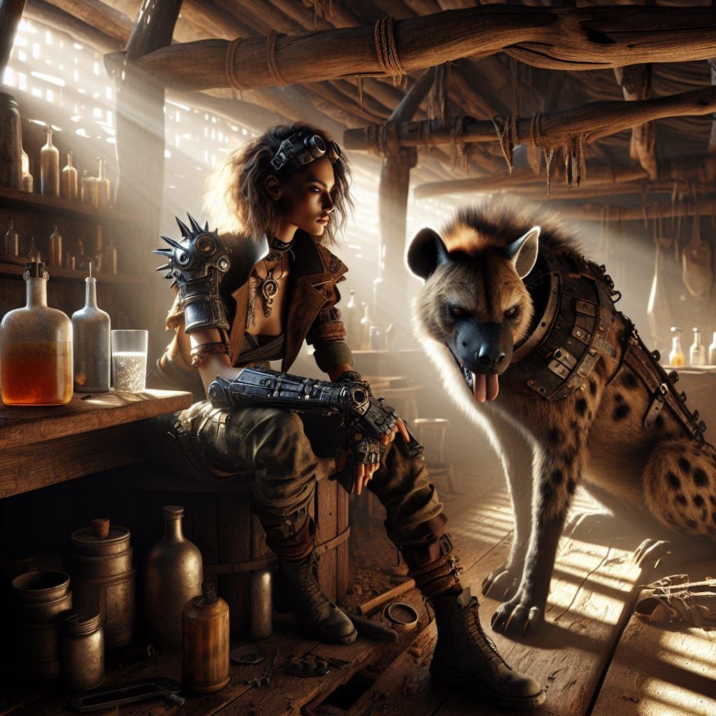 Post-Apocalyptic Warrior and Hyena in Dusty Bar