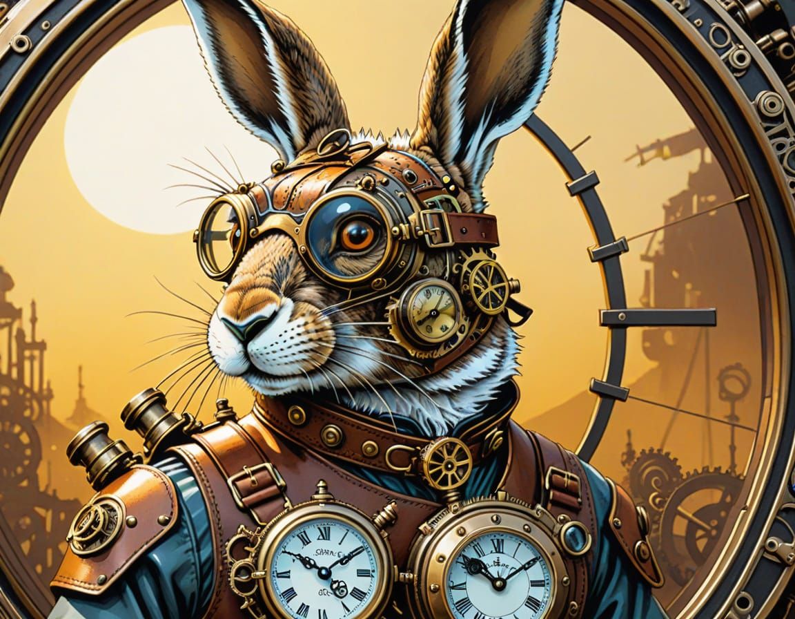 Steampunk Hare with Goggles in Detailed Ink Illustration