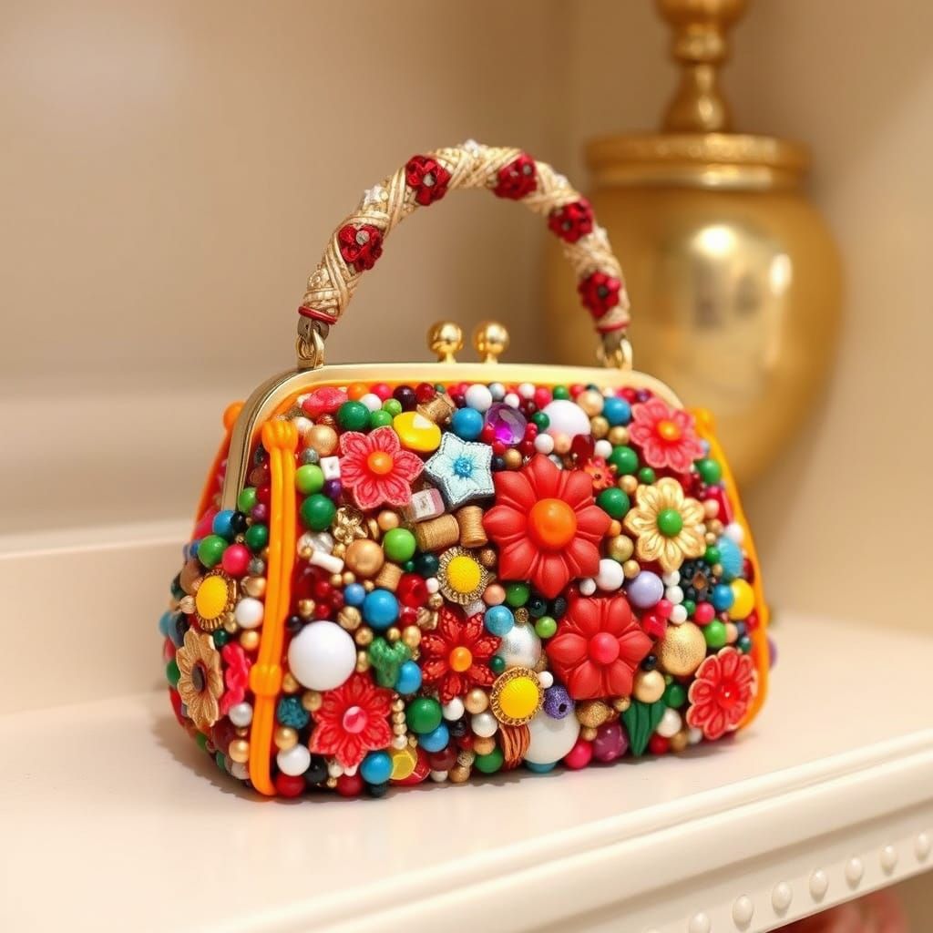 Ornate Beaded Purse on Shelf, Playful Art Style