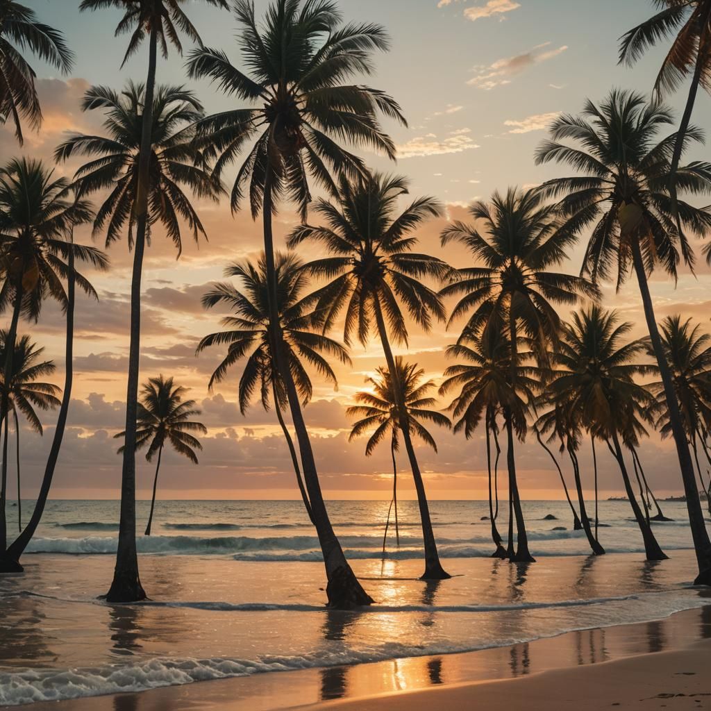 Tropical Beach Sunset with Palm Trees: Cinematic Still