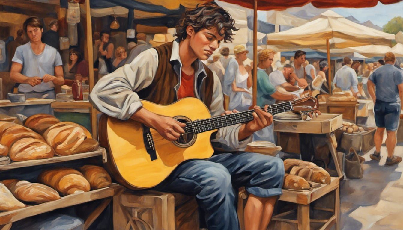 Guitar Player Busking at Farmers Market Painting