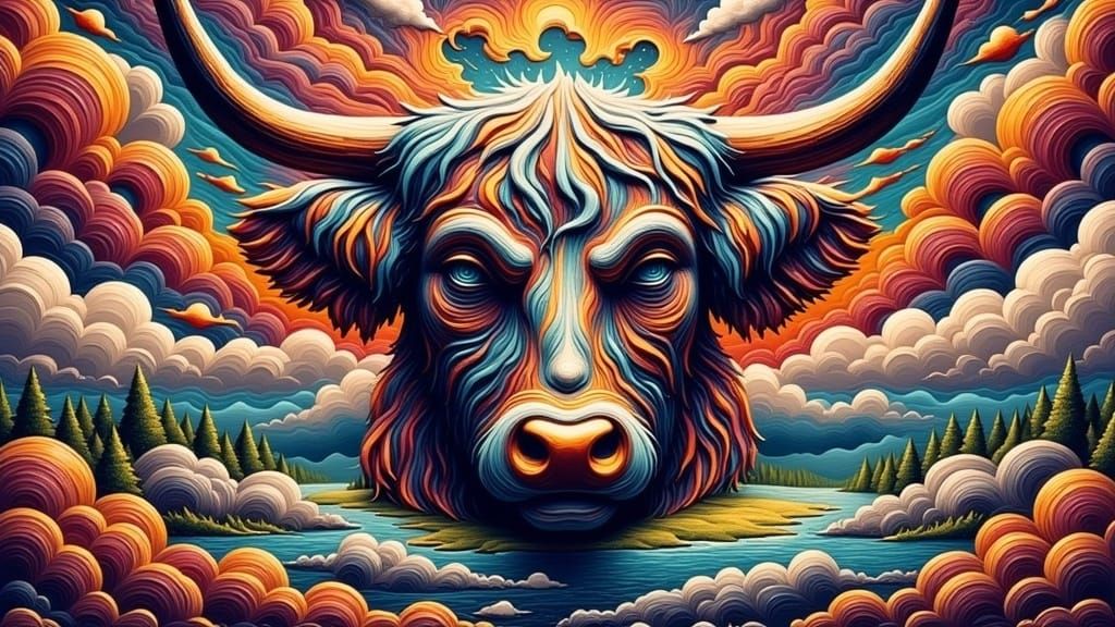 Highland Cow in Fractal Op Art Style