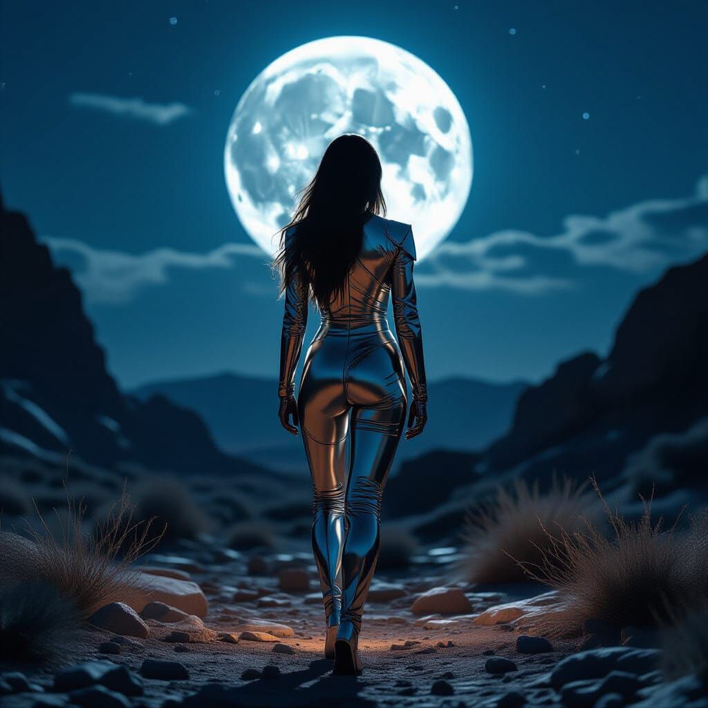 Futuristic Woman in Metallic Suit Under Moonlight
