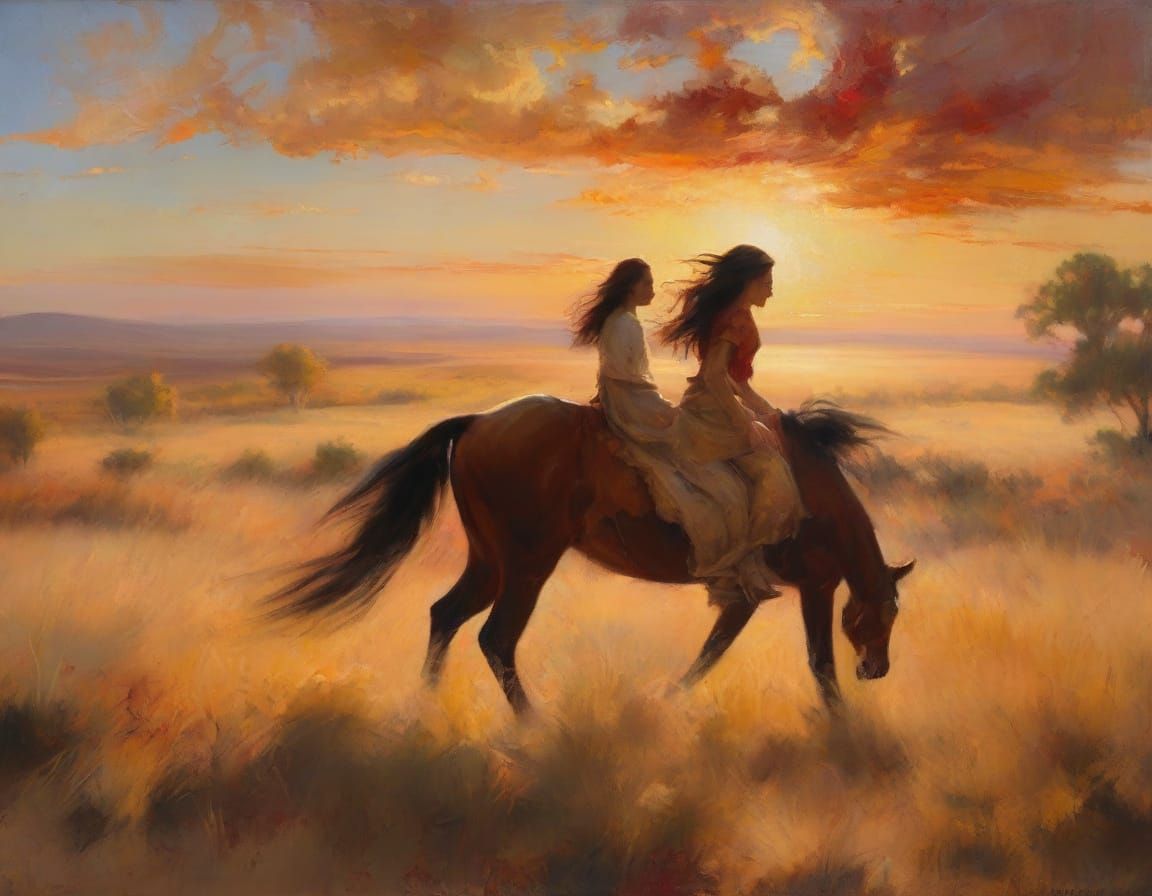 Native American Woman on Horseback in Turner-Inspired Landsc...