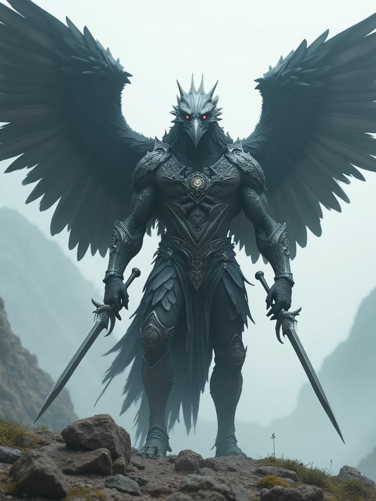 Majestic Crow-Humanoid God of Death in Silver Alloy Armor
