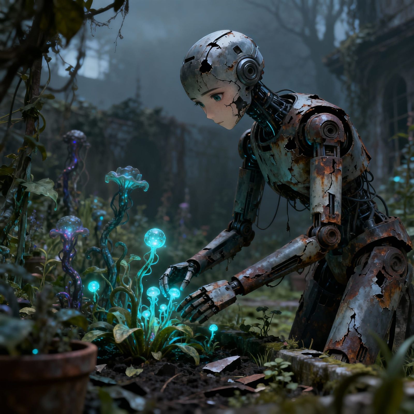 Decaying Android Tends Bioluminescent Garden