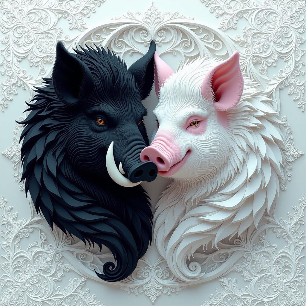 Harmonious Boar and Pig Man in Abstract Fractal Art