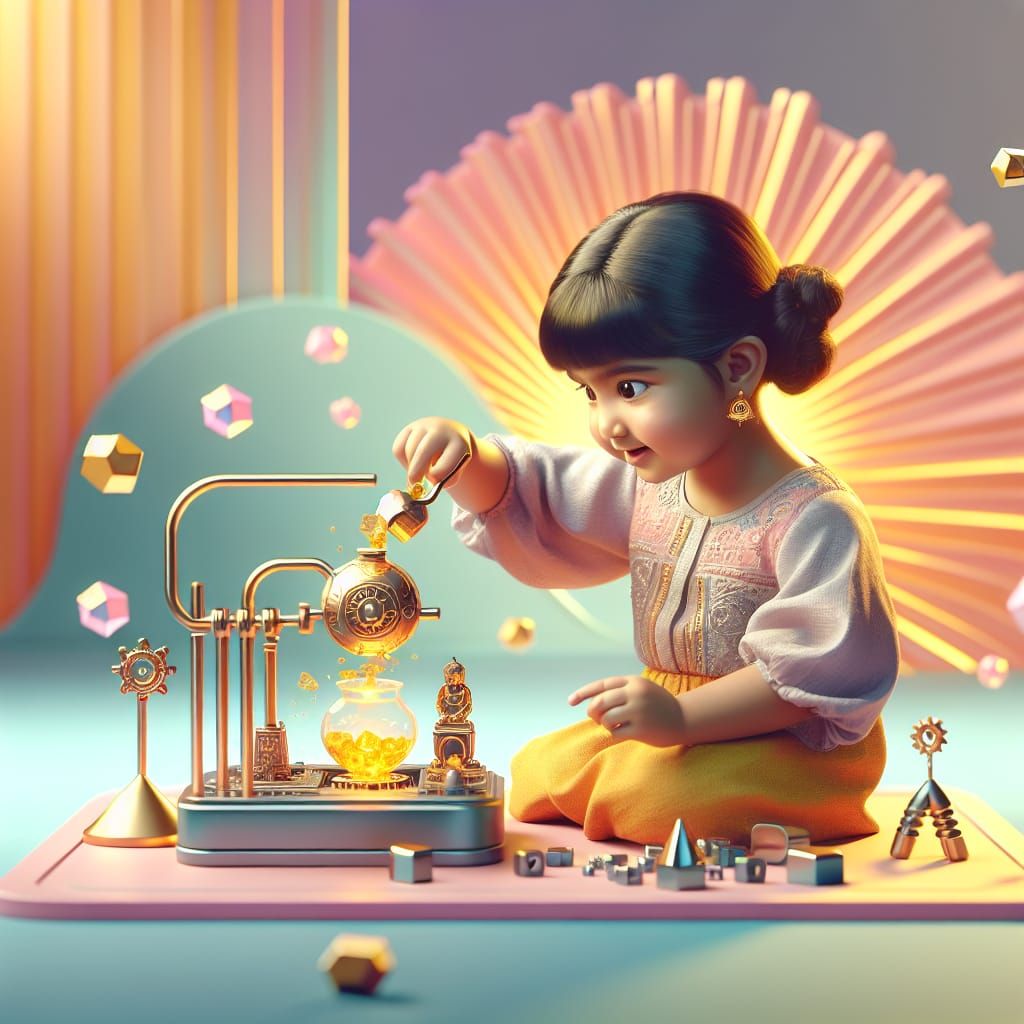 Girl Alchemist Turns Iron to Gold in 3D Render