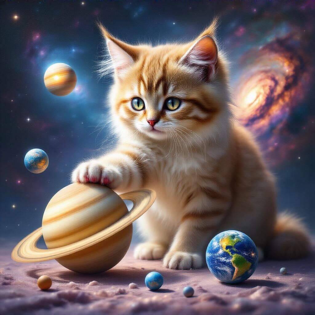 Colossal Kitten Plays with Planets in Space