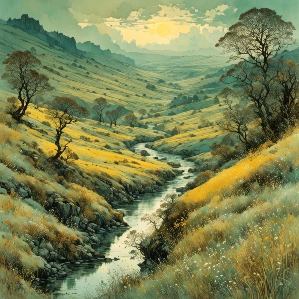 A Serene Victorian Landscape Depicted in a Soft, Whimsical S...