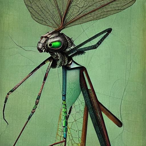 Uncanny Being Rides Mantis Hybrid in Surreal Art