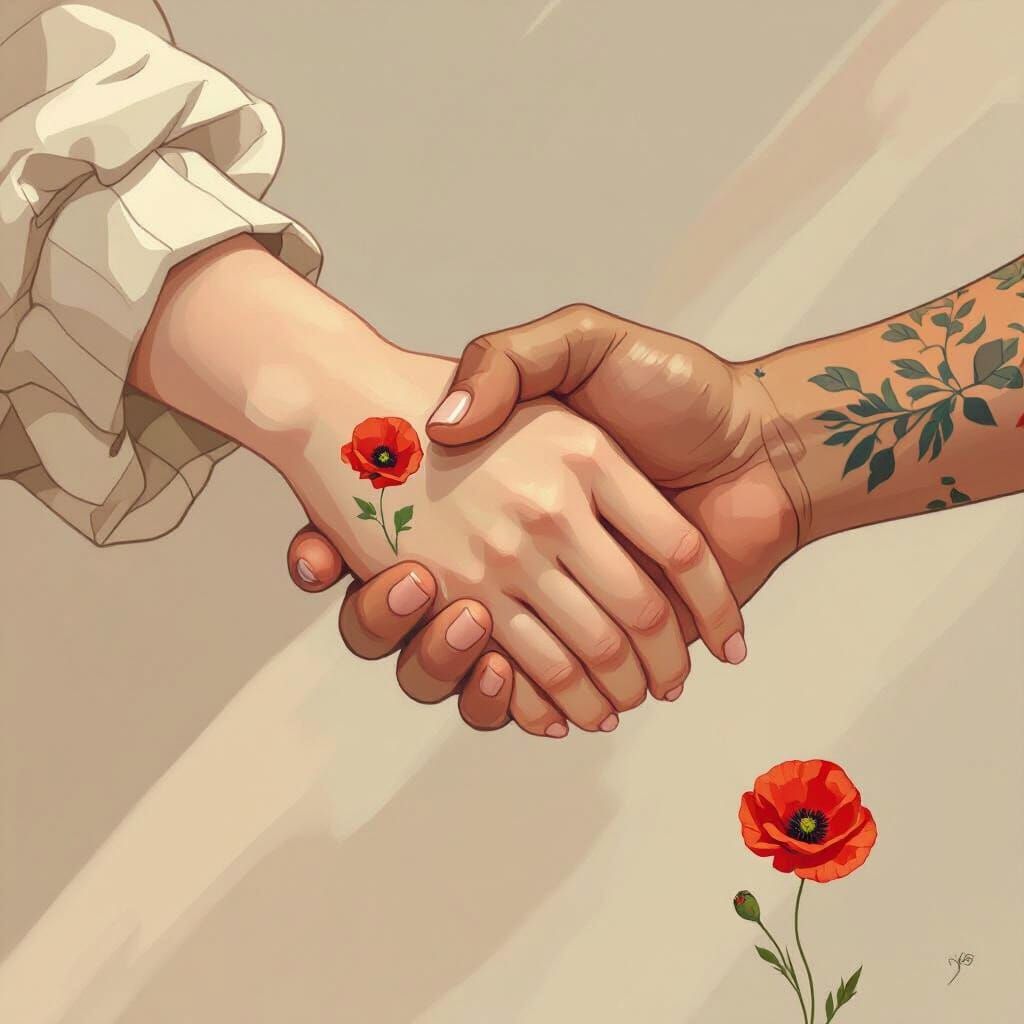 Hands Clasping with Poppy Tattoo, Painterly Style