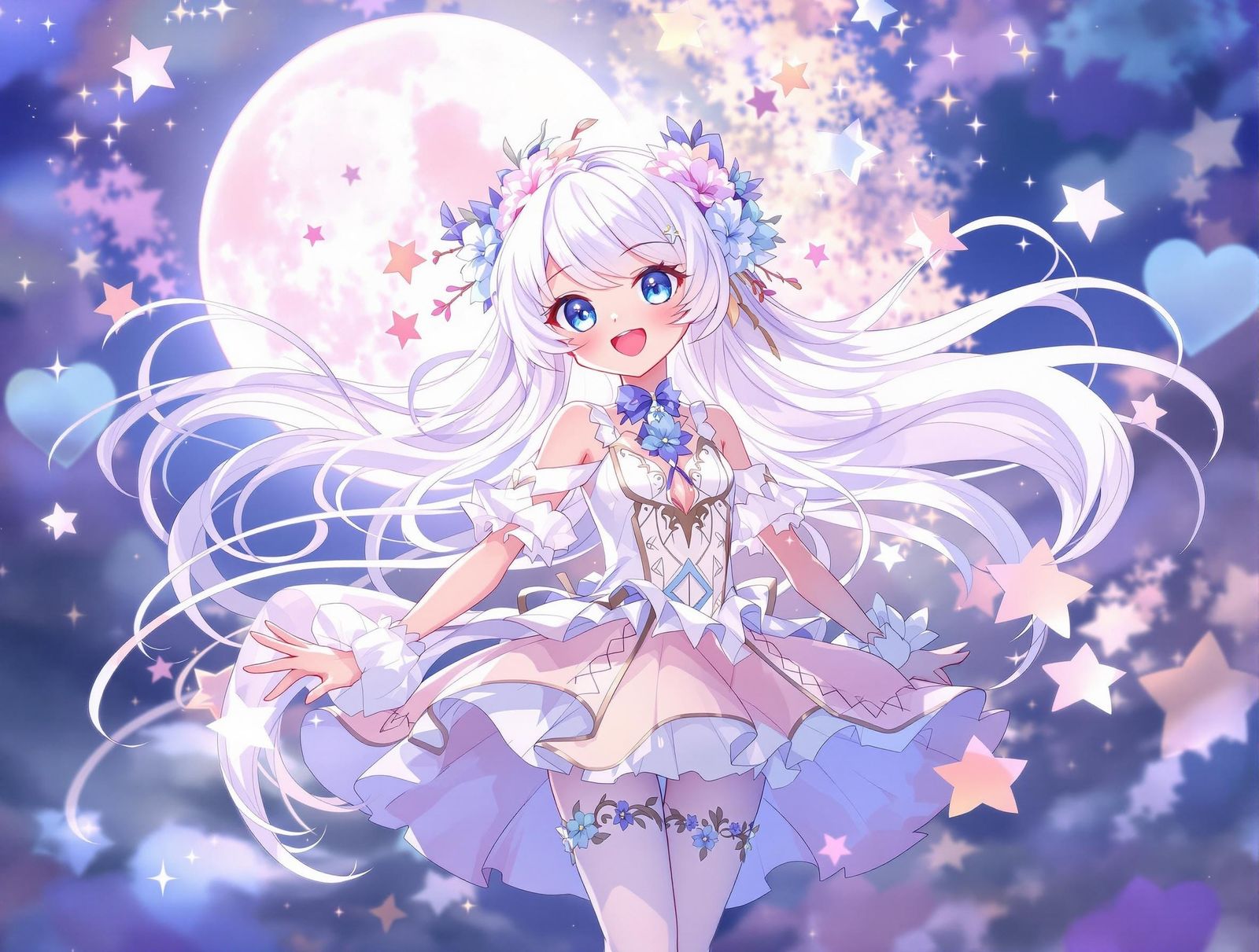 Whimsical Anime Girl Under a Full Moon