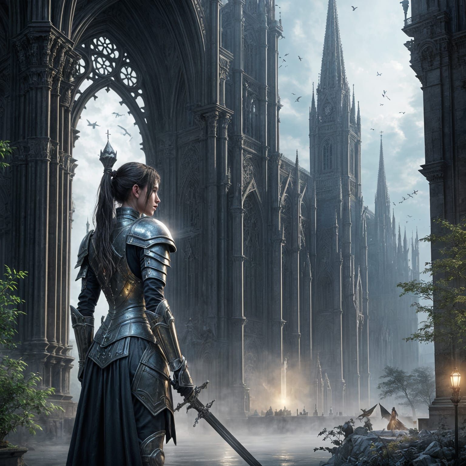 Gothic Female Knight Guards Celestial Cathedral