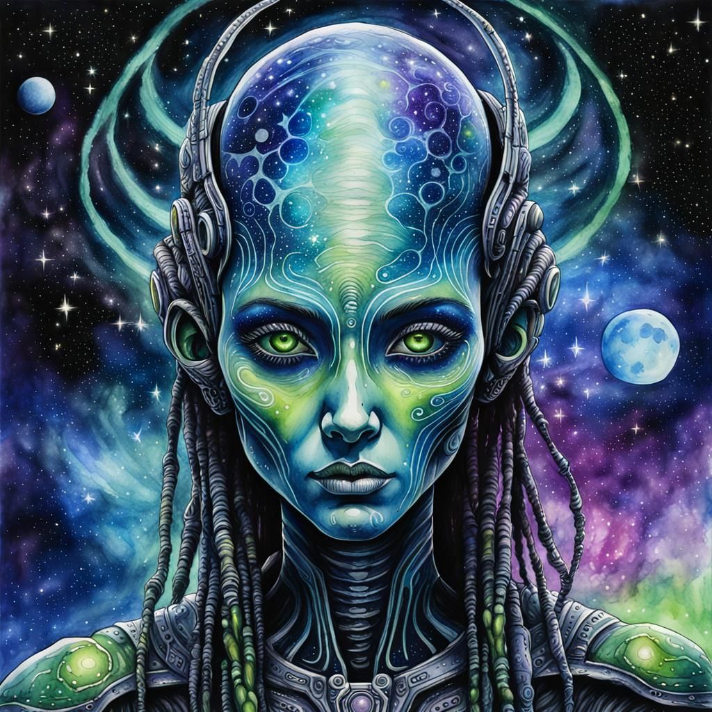 Extraterrestrial Portrait in Surrealist Sci-Fi Watercolor