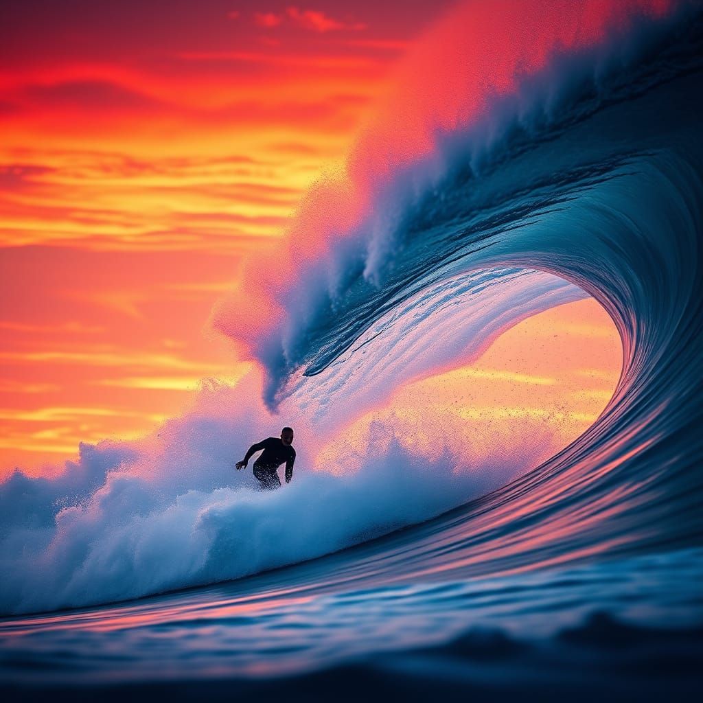Surfer Rides Wave at Sunset: Dramatic Photography