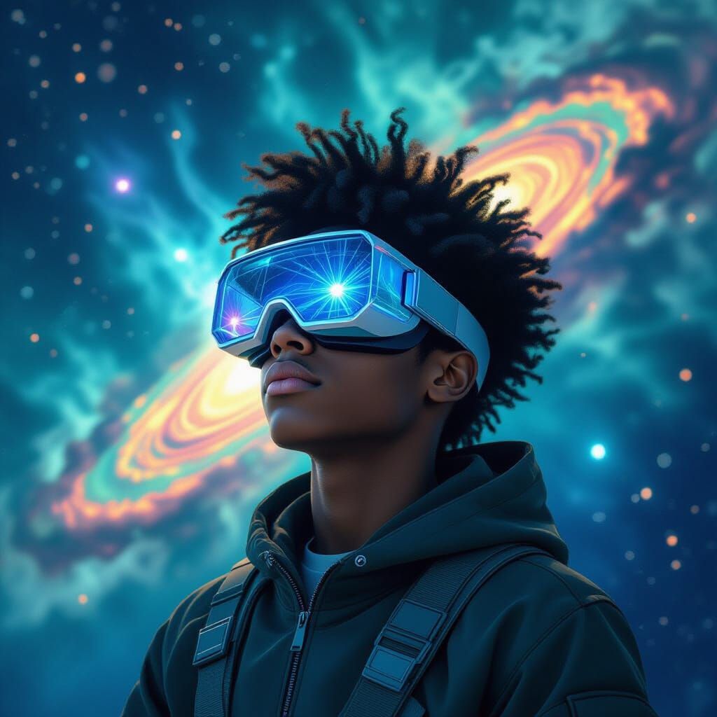 African American Astronaut in Space with Crystalline Ship