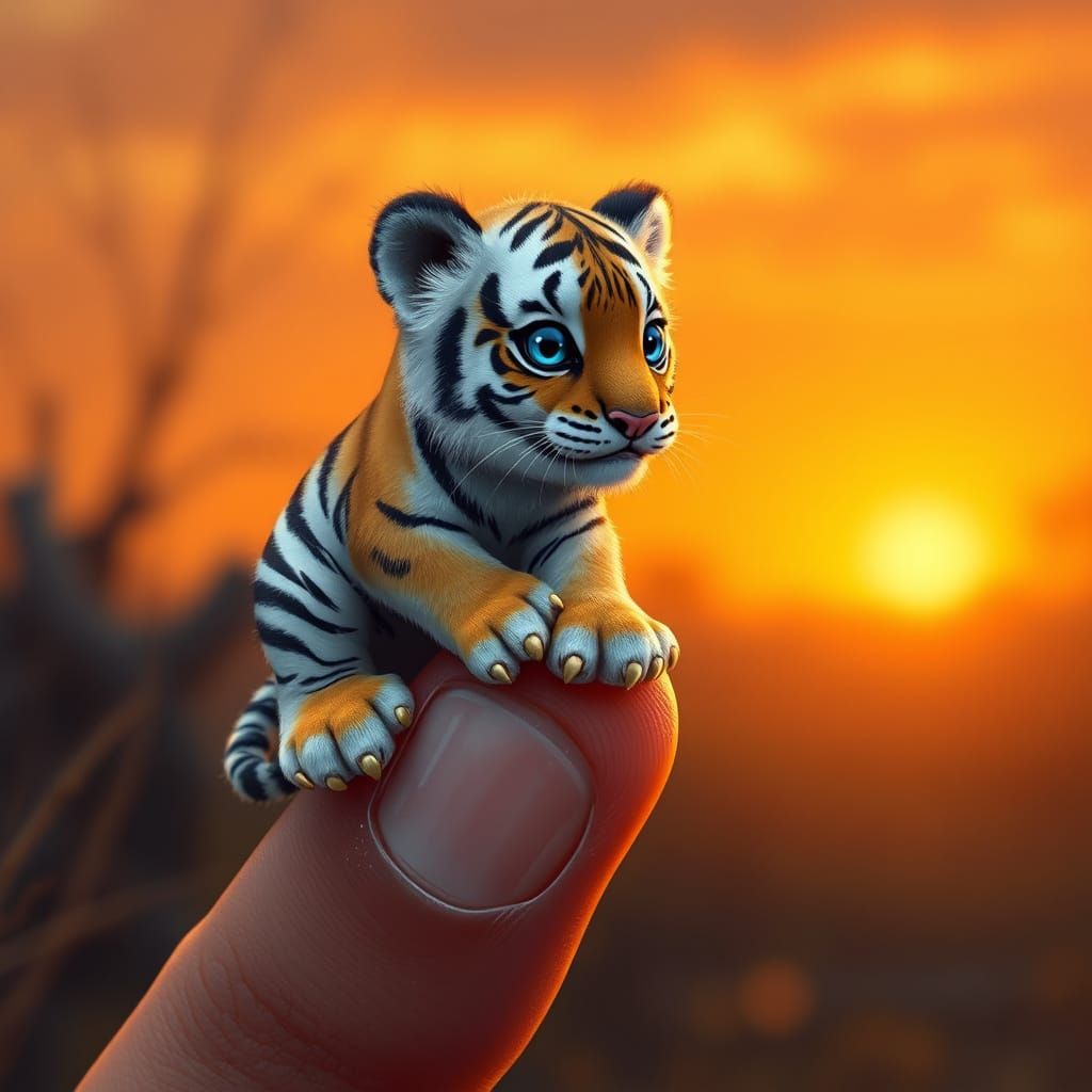 Tiny Tiger Perches on Human Finger in Vibrant Graffiti Art