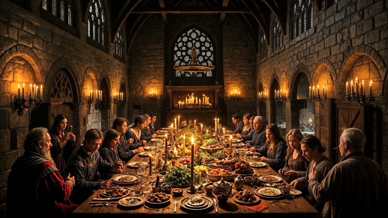 Medieval Castle Feast Illuminated by Flickering Torches