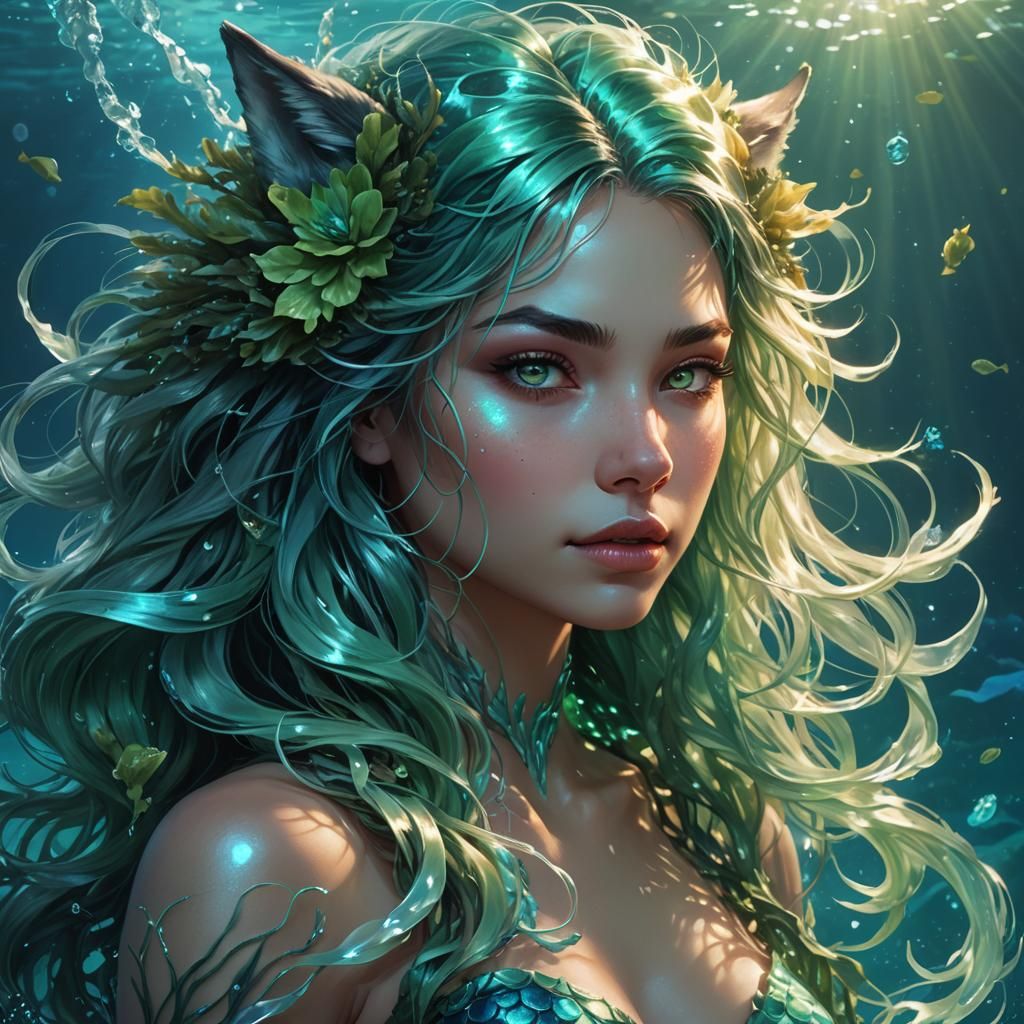 Wolf Girl Mermaid in Glowing Oceanic Aura