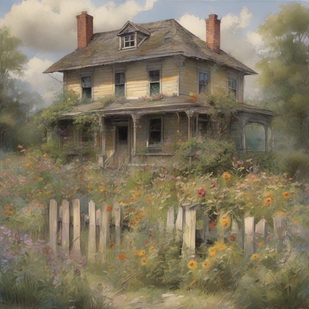 Abandoned Springtime House in Stylized Watercolor Art