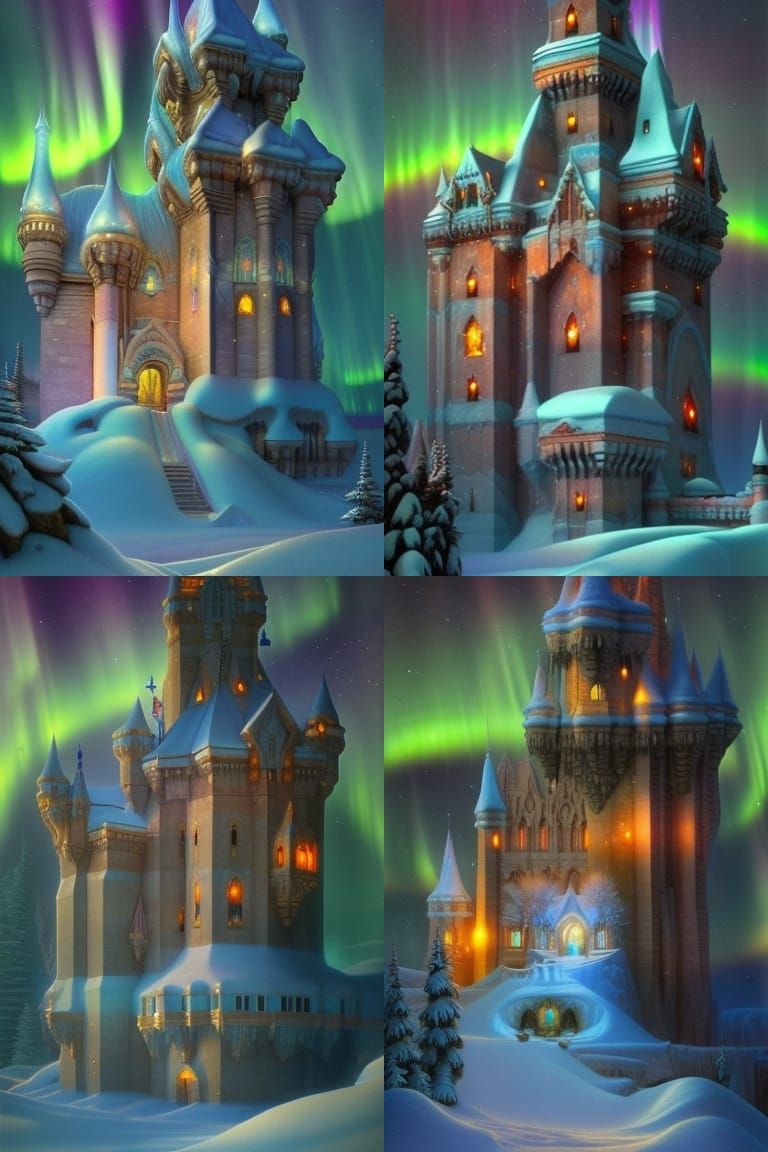Chromatic Wintercore Castle with Aurora Borealis