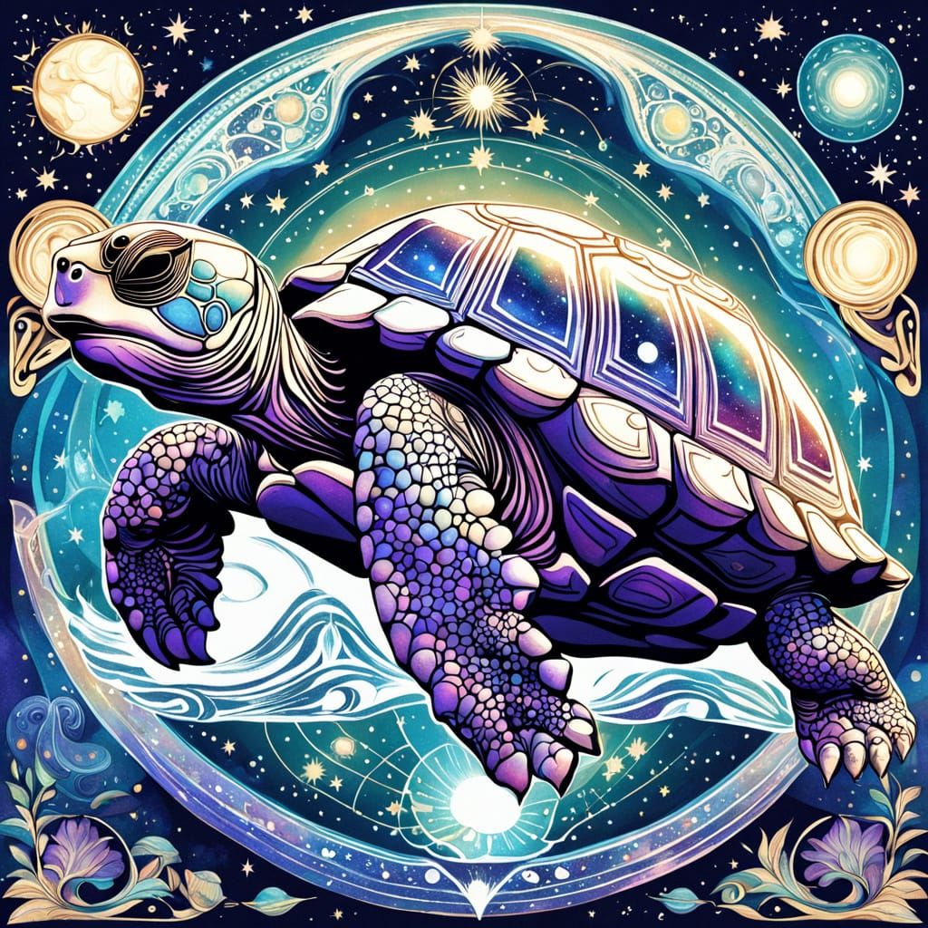 Celestial Mayan Zodiac Tortoise in Art Nouveau Style