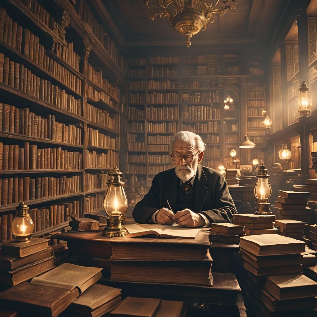 Ornate Library With Old Man, Digital Matte Painting