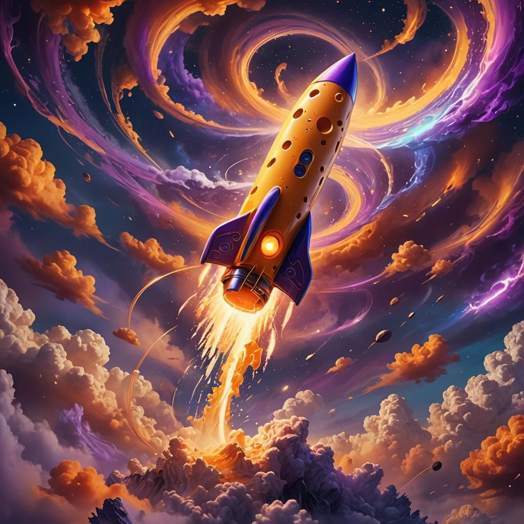 Majestic Cheese Rocket Soaring Through Cloudy Vortex