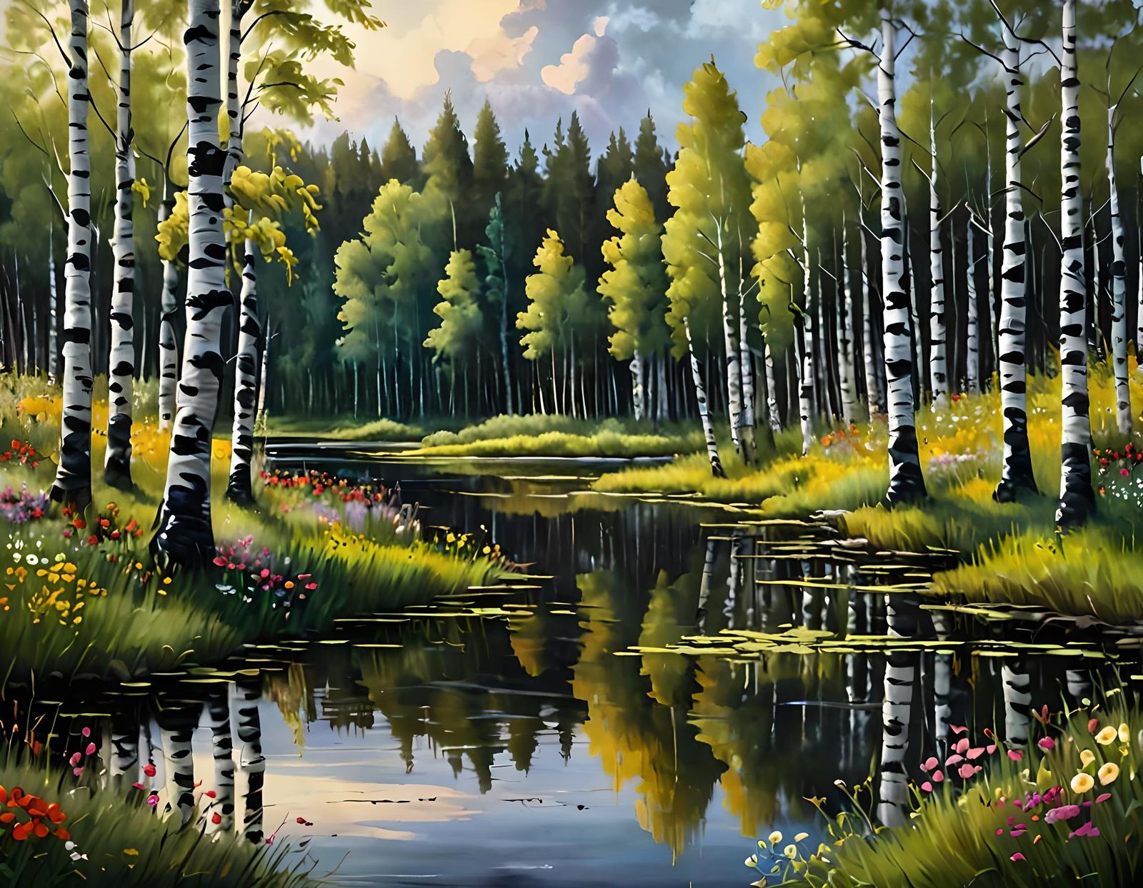 Moody Lakeside Birch Stand Oil Painting