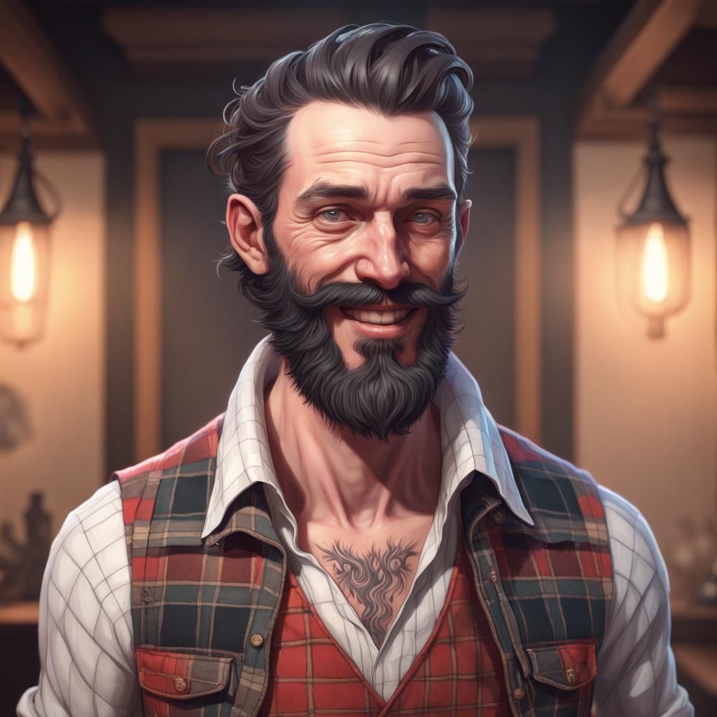 Detailed Portrait of Smiling Man in Flannel, Art Style