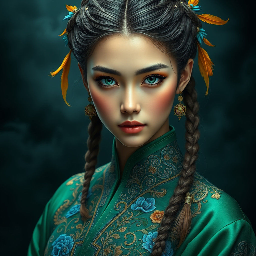 Emerald-Eyed Sorceress in Opulent Gown