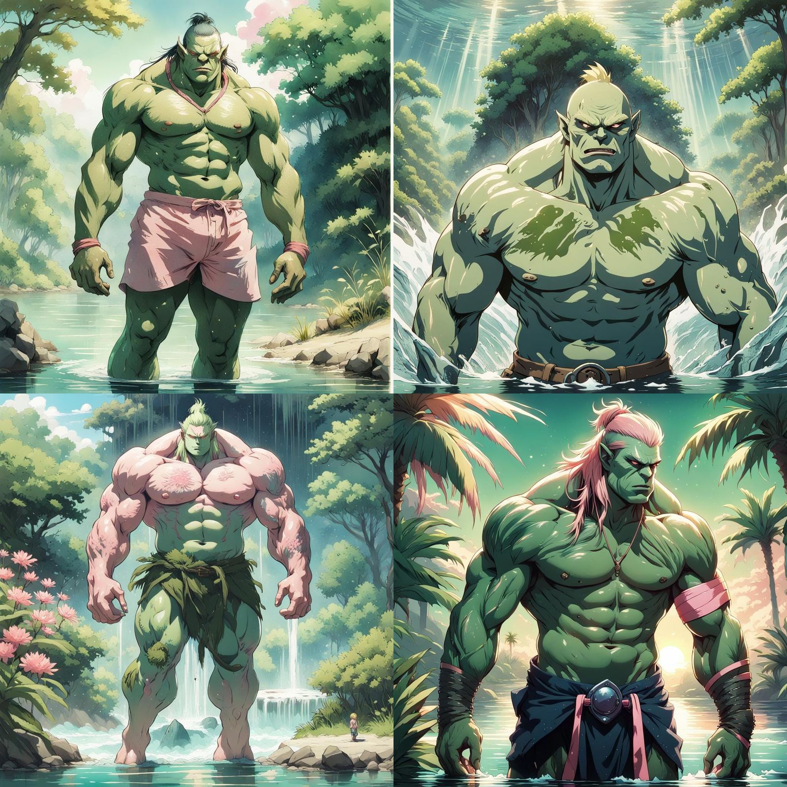 Surreal Anime Orc Basks in Oasis Beauty