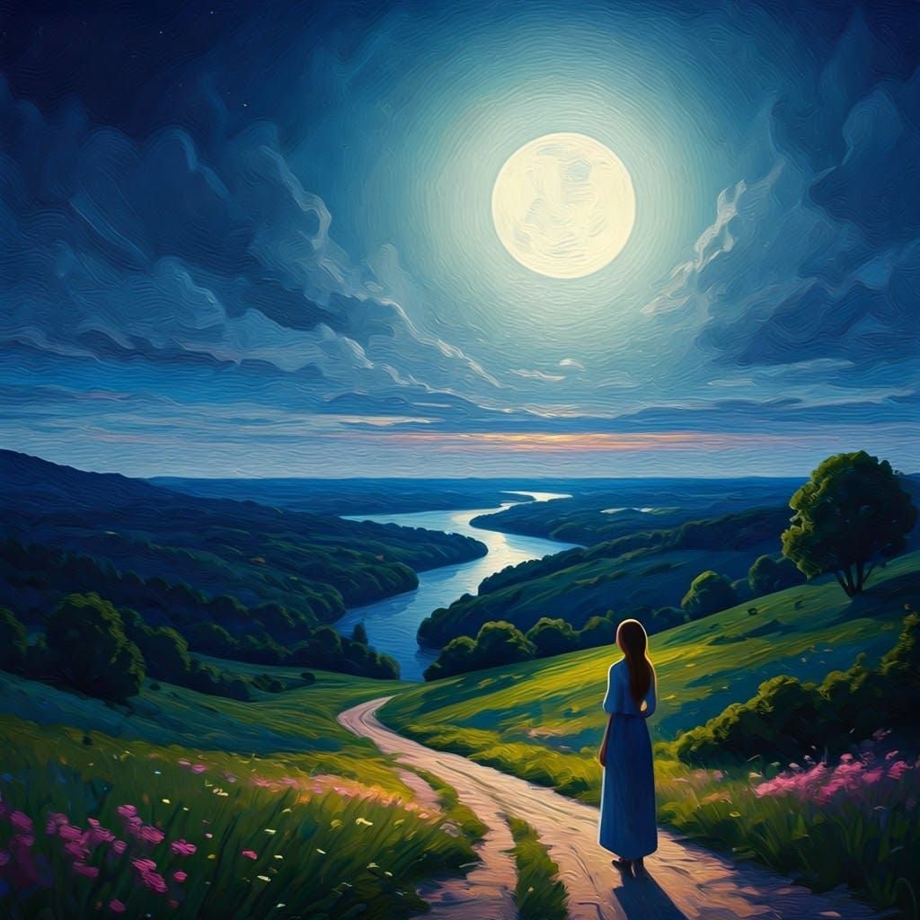 Woman Gazing at Moon in Romantic Landscape Painting