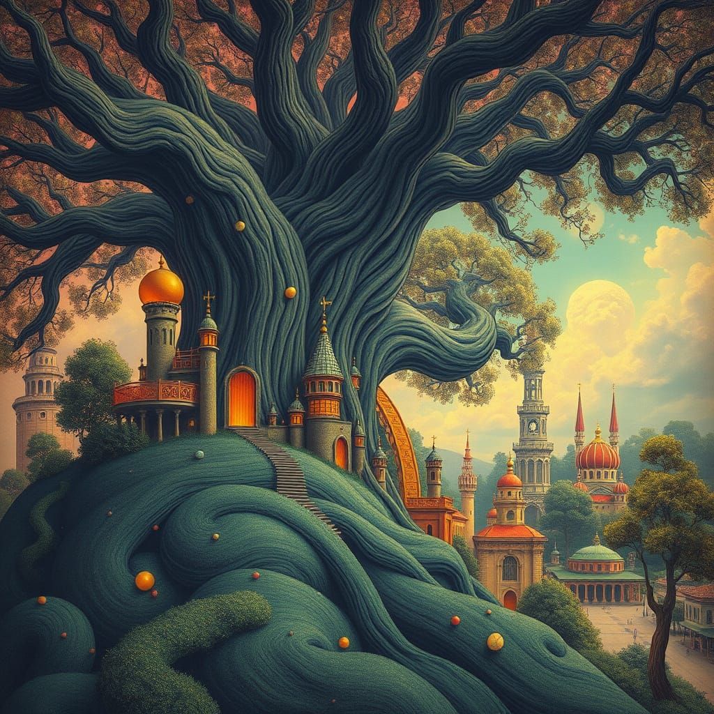 Surreal City Enveloped by a Giant Tree's Branches