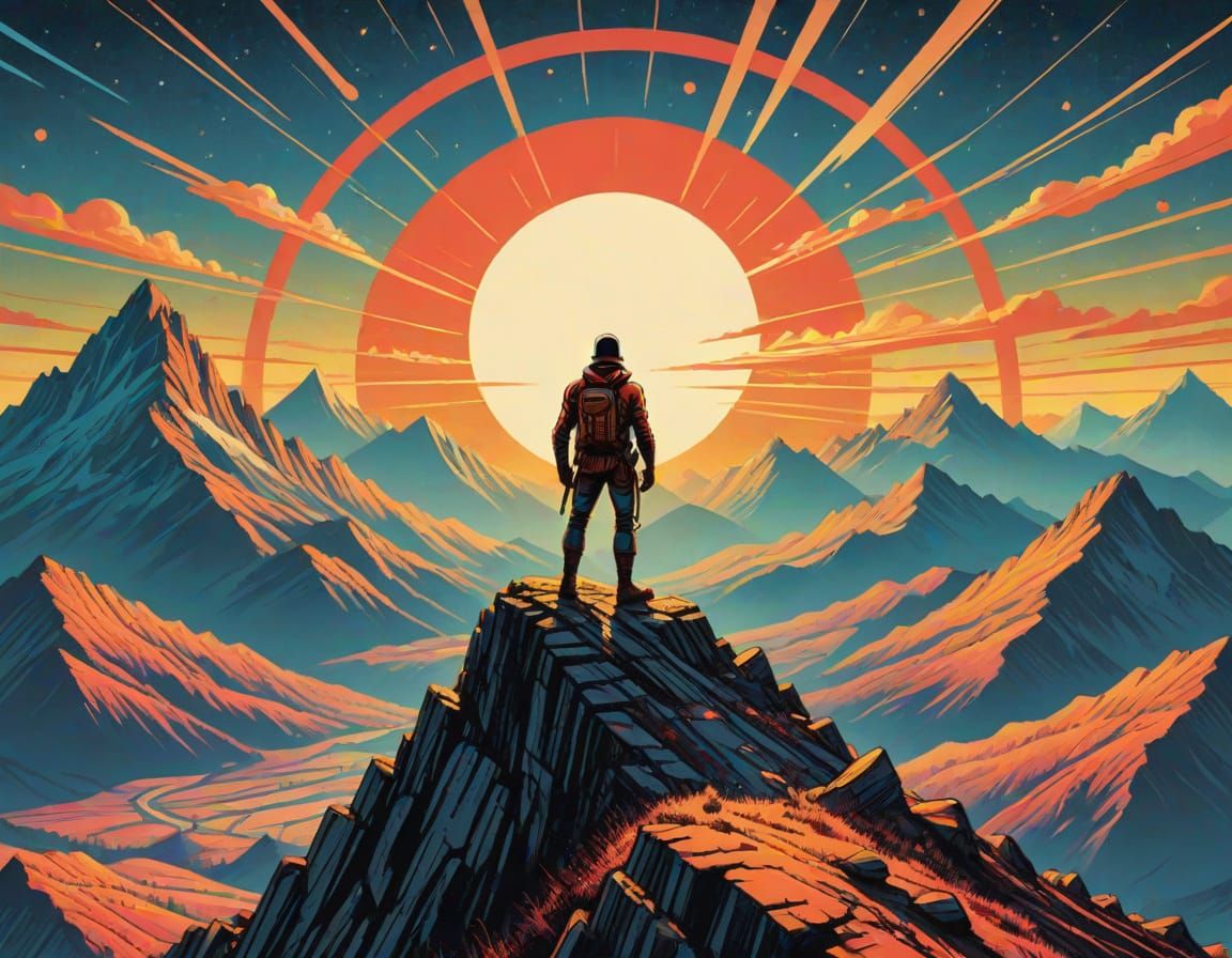 Retro Futuristic Comic Book Explorer on a Mountain Ridge