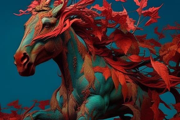 Mythical Wooden Unicorn with Red Leaves Mane