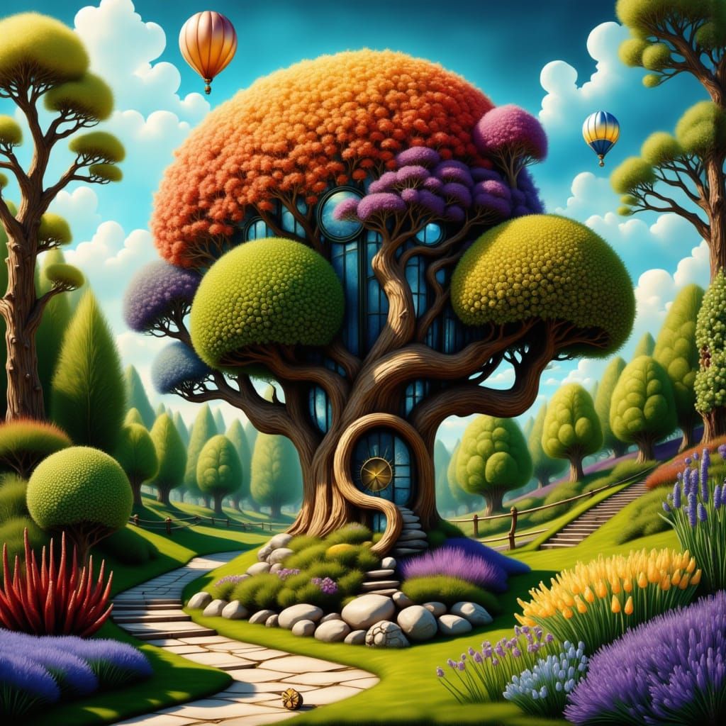 <lora:Steampunk Fantasy:1.0> Flourishing Topiary tree garden