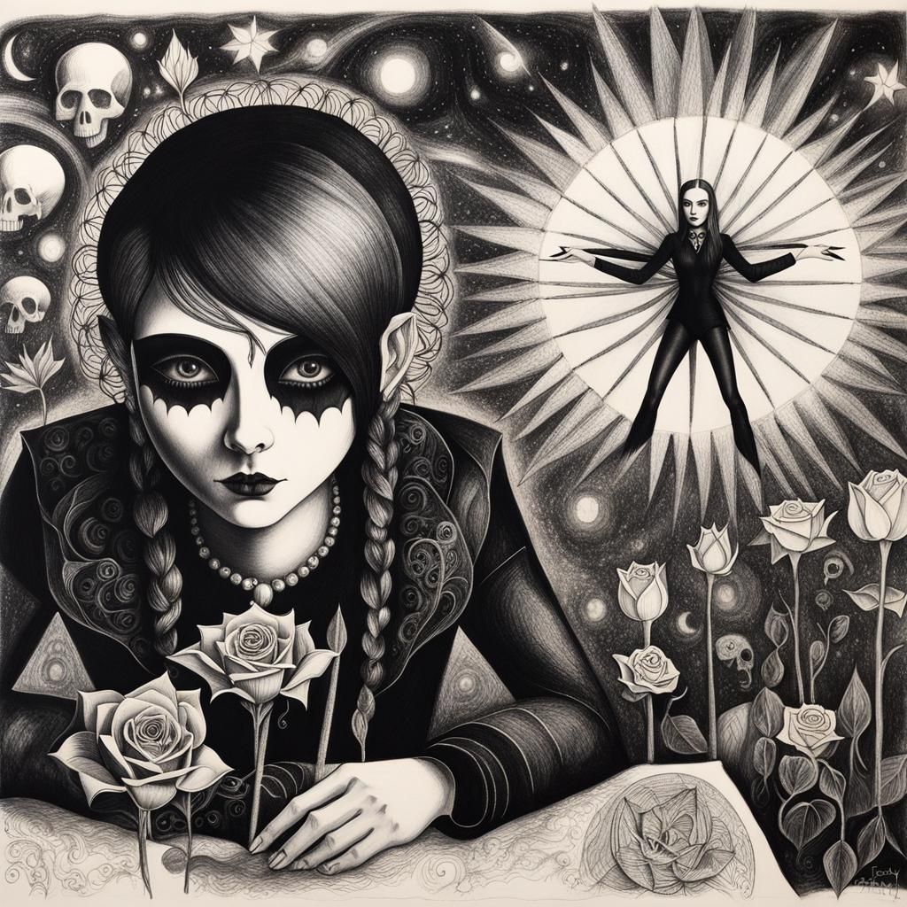 Surreal Gothic Woman in Crayon with Rainbow Fairy