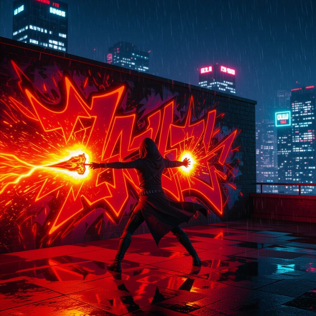 Graffiti Mage Creates Fiery Mural on City Rooftop