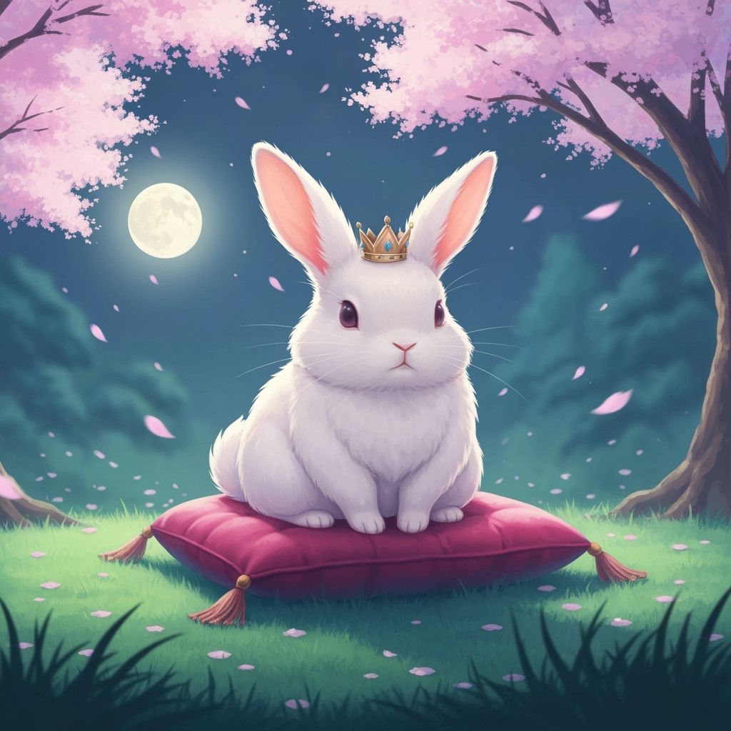 Fluffy Rabbit King in Moonlit Garden, Anime Style