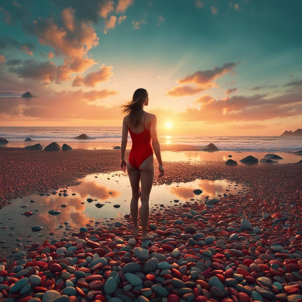 Young Woman Stands Alone on Rocky Beach at Sunrise