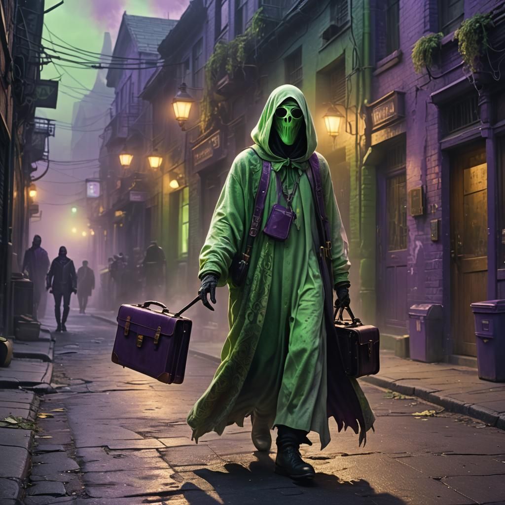 Ghostly Figure with Briefcase in Detailed Matte Painting