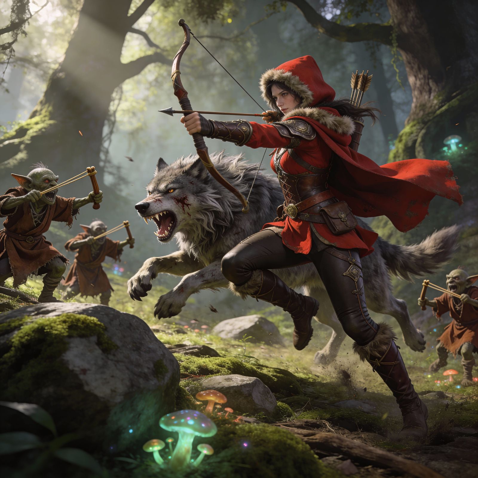 Little Red Riding Hood as D&D Archer with Direwolf